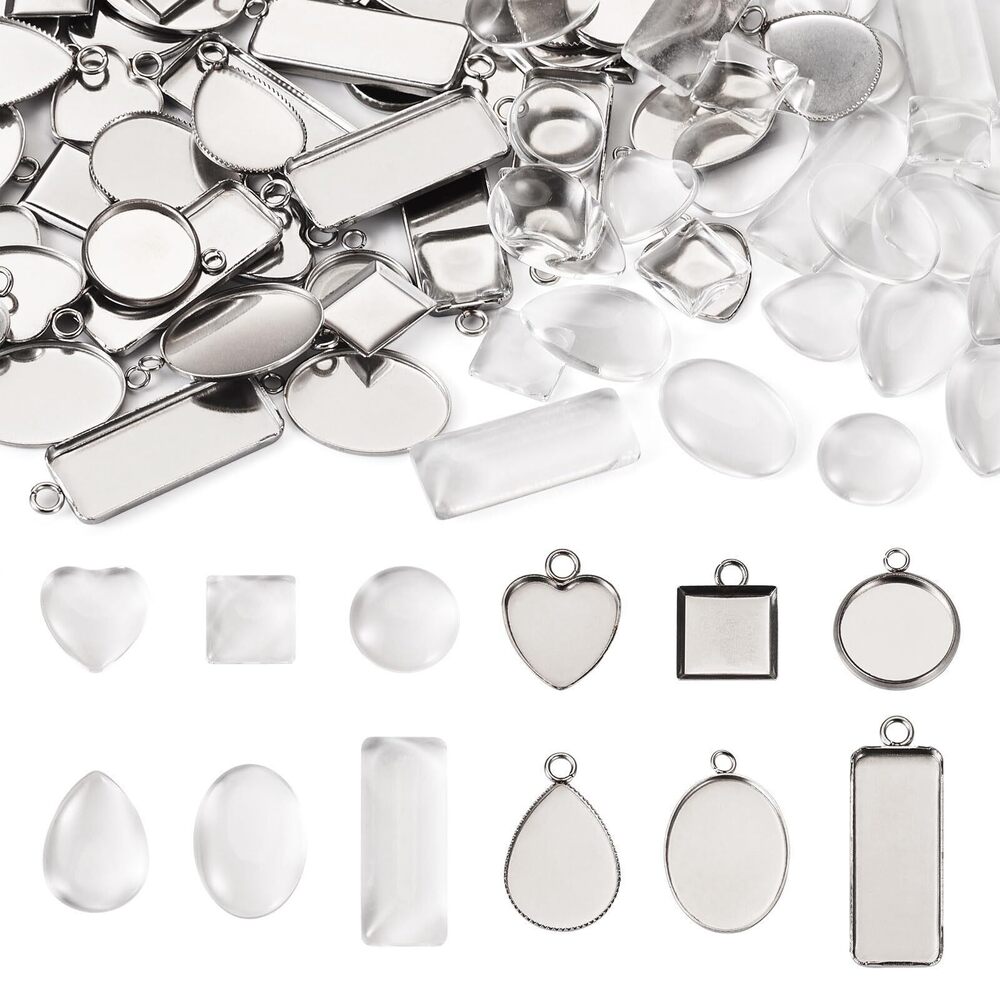 9044 60Pcs Bezel Pendants Trays Stainless Steel Heart Oval Teardrop Square